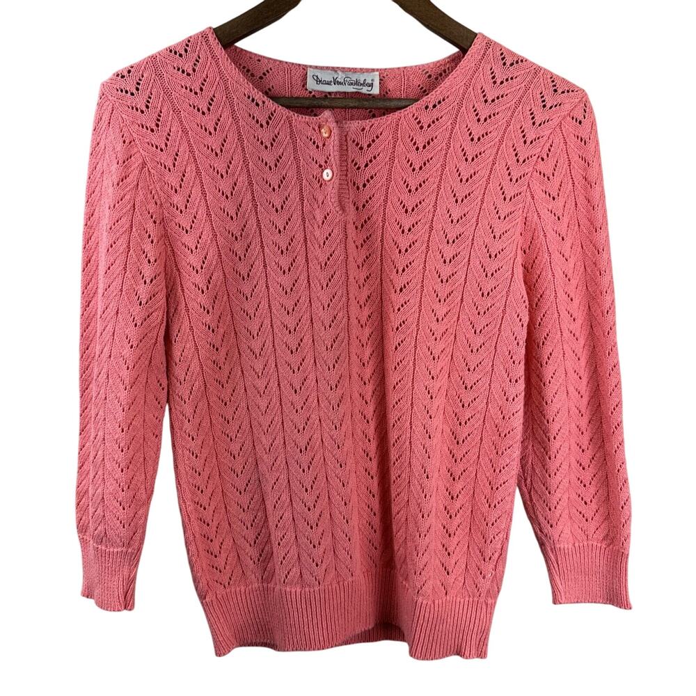 Vintage Diane Von Furstenberg Sweater Women Pink Coral Small Open Knit